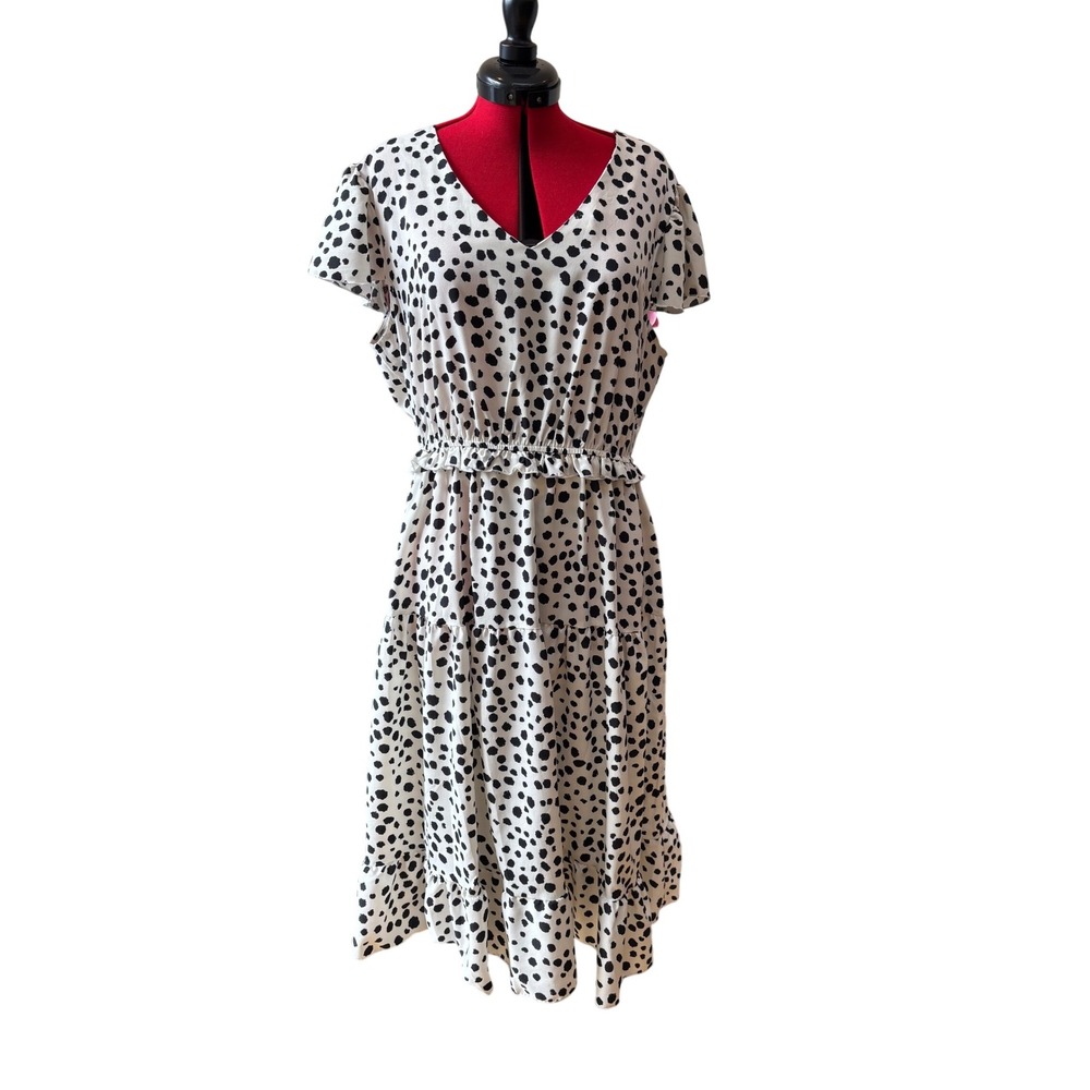 Y2K‎ Vintage Polka Dot, Medium Midi Dress, Ruffle Trim, travel, boho, classic